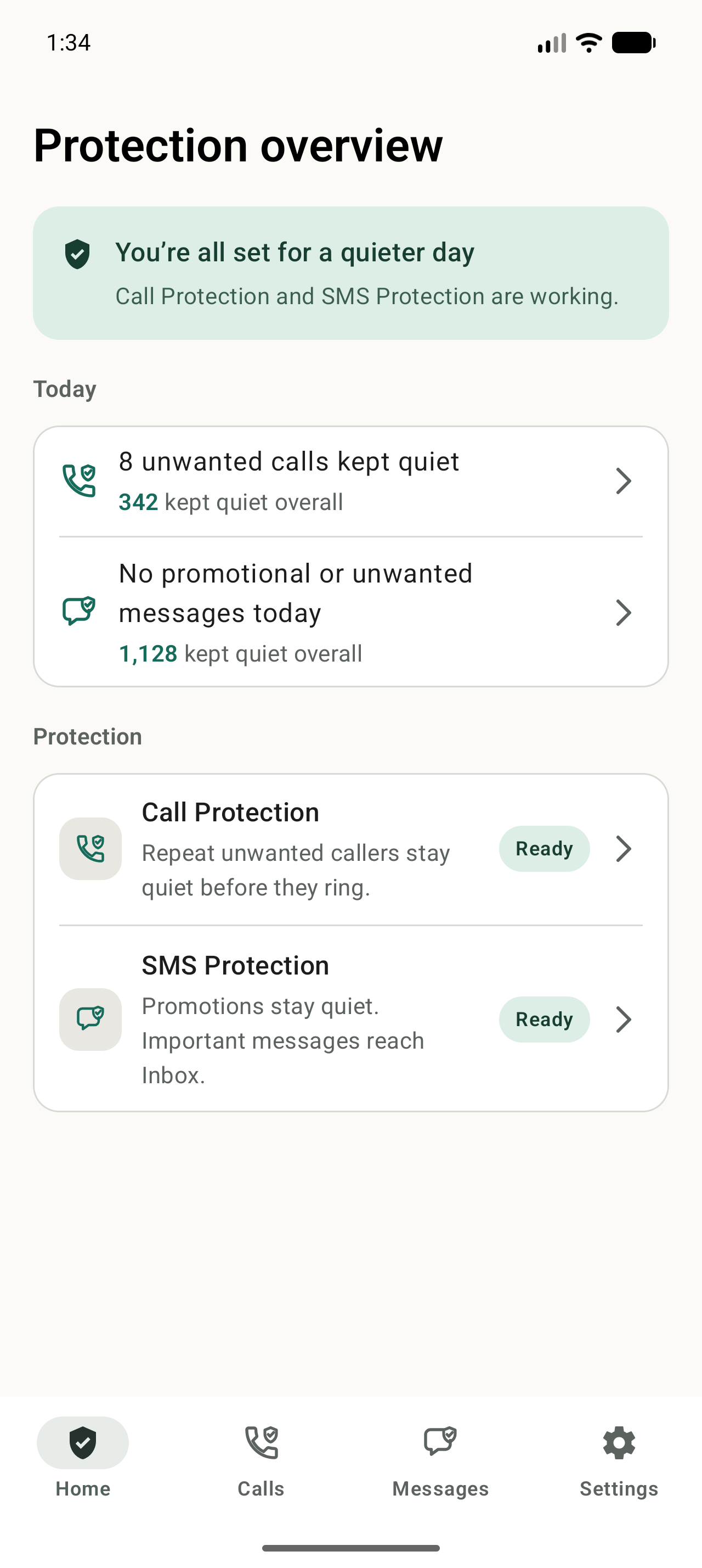 NoRing Home showing Call Protection and SMS Protection ready with a calm summary
