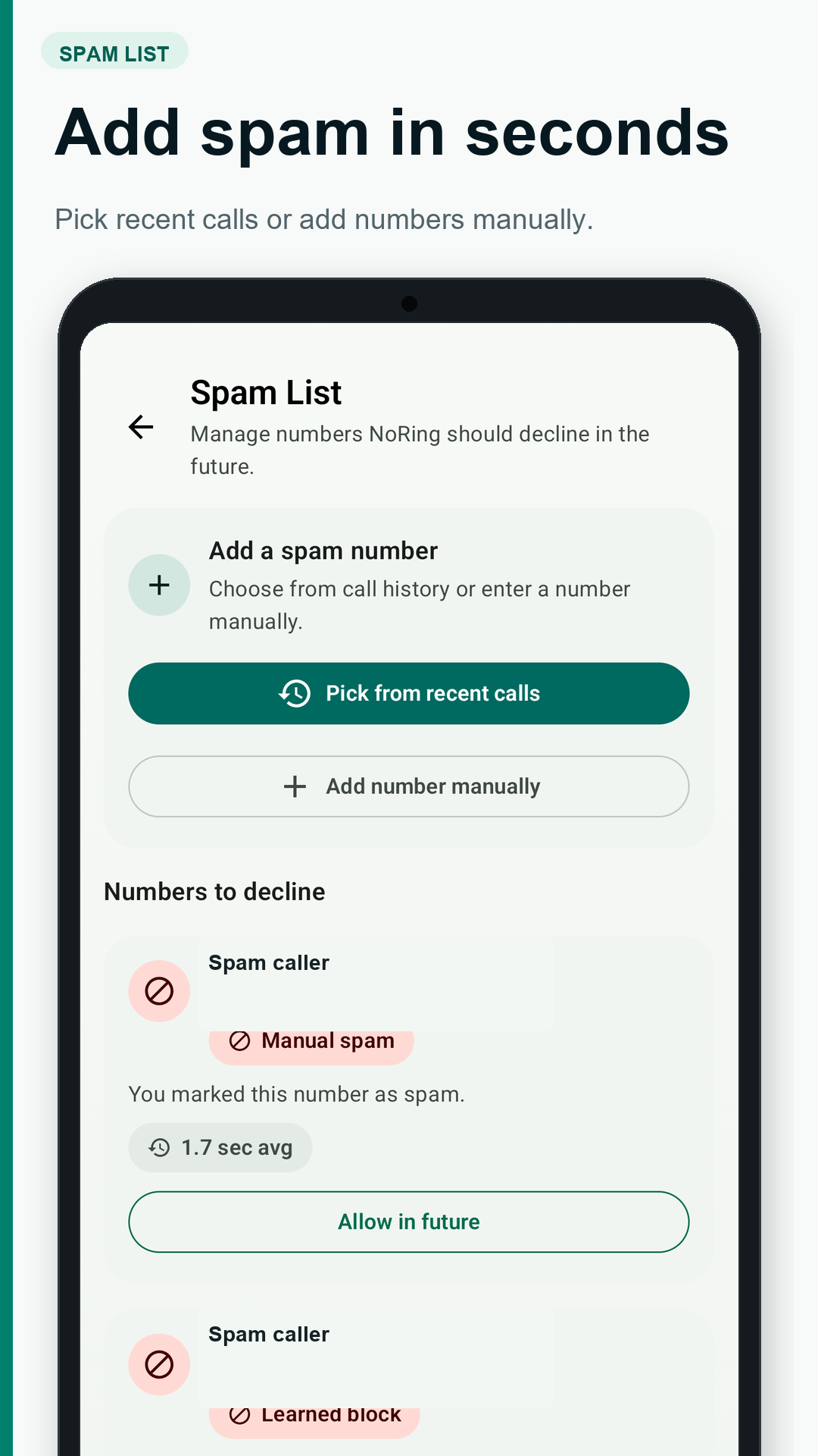 NoRing Android app screenshot for spam call blocker
